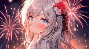 Preview wallpaper girl, smile, kimono, fireworks, anime