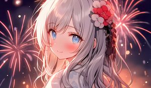 Preview wallpaper girl, smile, kimono, fireworks, anime