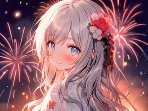 Preview wallpaper girl, smile, kimono, fireworks, anime