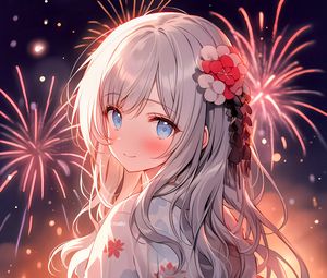 Preview wallpaper girl, smile, kimono, fireworks, anime