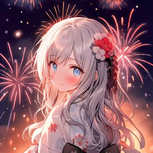 Preview wallpaper girl, smile, kimono, fireworks, anime