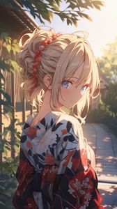 Preview wallpaper girl, smile, kimono, light, anime