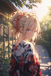Preview wallpaper girl, smile, kimono, light, anime