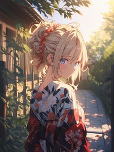 Preview wallpaper girl, smile, kimono, light, anime