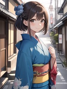 Preview wallpaper girl, smile, kimono, street, anime