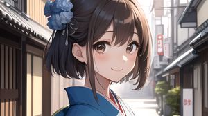 Preview wallpaper girl, smile, kimono, street, anime