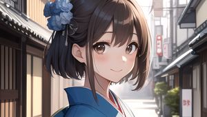 Preview wallpaper girl, smile, kimono, street, anime