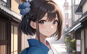 Preview wallpaper girl, smile, kimono, street, anime