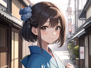 Preview wallpaper girl, smile, kimono, street, anime