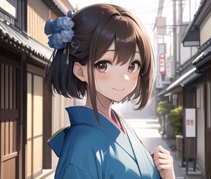 Preview wallpaper girl, smile, kimono, street, anime