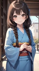 Preview wallpaper girl, smile, kimono, pigtails, anime