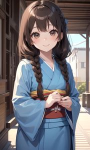 Preview wallpaper girl, smile, kimono, pigtails, anime