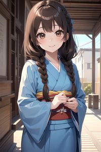 Preview wallpaper girl, smile, kimono, pigtails, anime