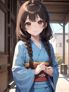 Preview wallpaper girl, smile, kimono, pigtails, anime