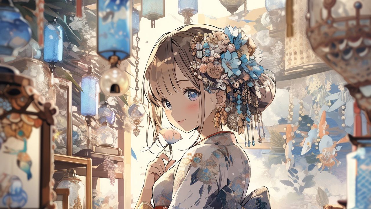 Wallpaper girl, smile, kimono, hairpin, anime, art