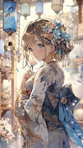 Preview wallpaper girl, smile, kimono, hairpin, anime, art