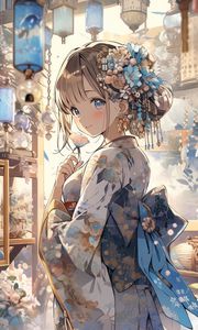 Preview wallpaper girl, smile, kimono, hairpin, anime, art