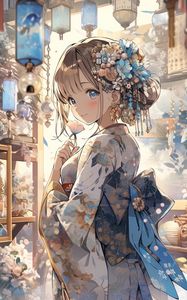 Preview wallpaper girl, smile, kimono, hairpin, anime, art