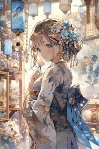 Preview wallpaper girl, smile, kimono, hairpin, anime, art