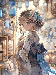 Preview wallpaper girl, smile, kimono, hairpin, anime, art