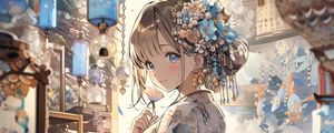 Preview wallpaper girl, smile, kimono, hairpin, anime, art