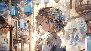 Preview wallpaper girl, smile, kimono, hairpin, anime, art