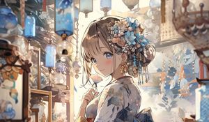 Preview wallpaper girl, smile, kimono, hairpin, anime, art