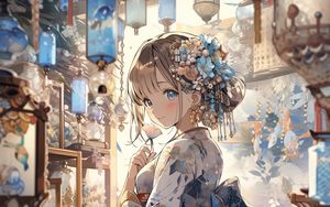 Preview wallpaper girl, smile, kimono, hairpin, anime, art