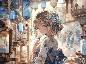 Preview wallpaper girl, smile, kimono, hairpin, anime, art