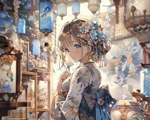 Preview wallpaper girl, smile, kimono, hairpin, anime, art