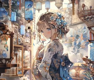 Preview wallpaper girl, smile, kimono, hairpin, anime, art