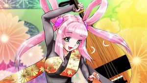 Preview wallpaper girl, smile, kimono, musical instrument, anime