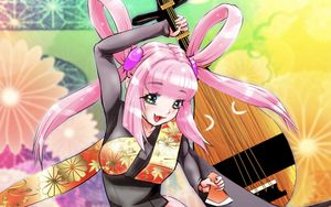 Preview wallpaper girl, smile, kimono, musical instrument, anime
