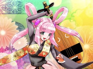 Preview wallpaper girl, smile, kimono, musical instrument, anime