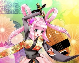 Preview wallpaper girl, smile, kimono, musical instrument, anime