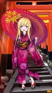 Preview wallpaper girl, smile, kimono, umbrella, anime, art