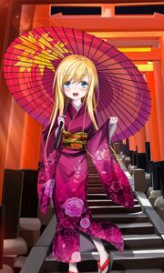 Preview wallpaper girl, smile, kimono, umbrella, anime, art