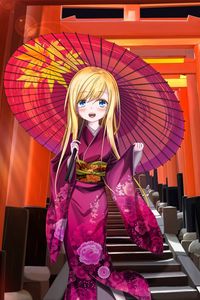 Preview wallpaper girl, smile, kimono, umbrella, anime, art