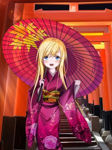 Preview wallpaper girl, smile, kimono, umbrella, anime, art