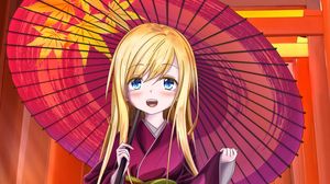 Preview wallpaper girl, smile, kimono, umbrella, anime, art