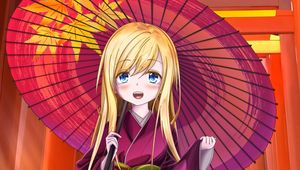 Preview wallpaper girl, smile, kimono, umbrella, anime, art