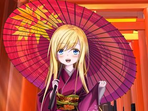 Preview wallpaper girl, smile, kimono, umbrella, anime, art