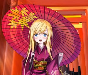 Preview wallpaper girl, smile, kimono, umbrella, anime, art