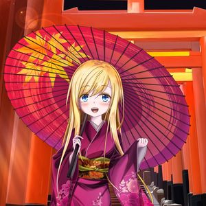 Preview wallpaper girl, smile, kimono, umbrella, anime, art