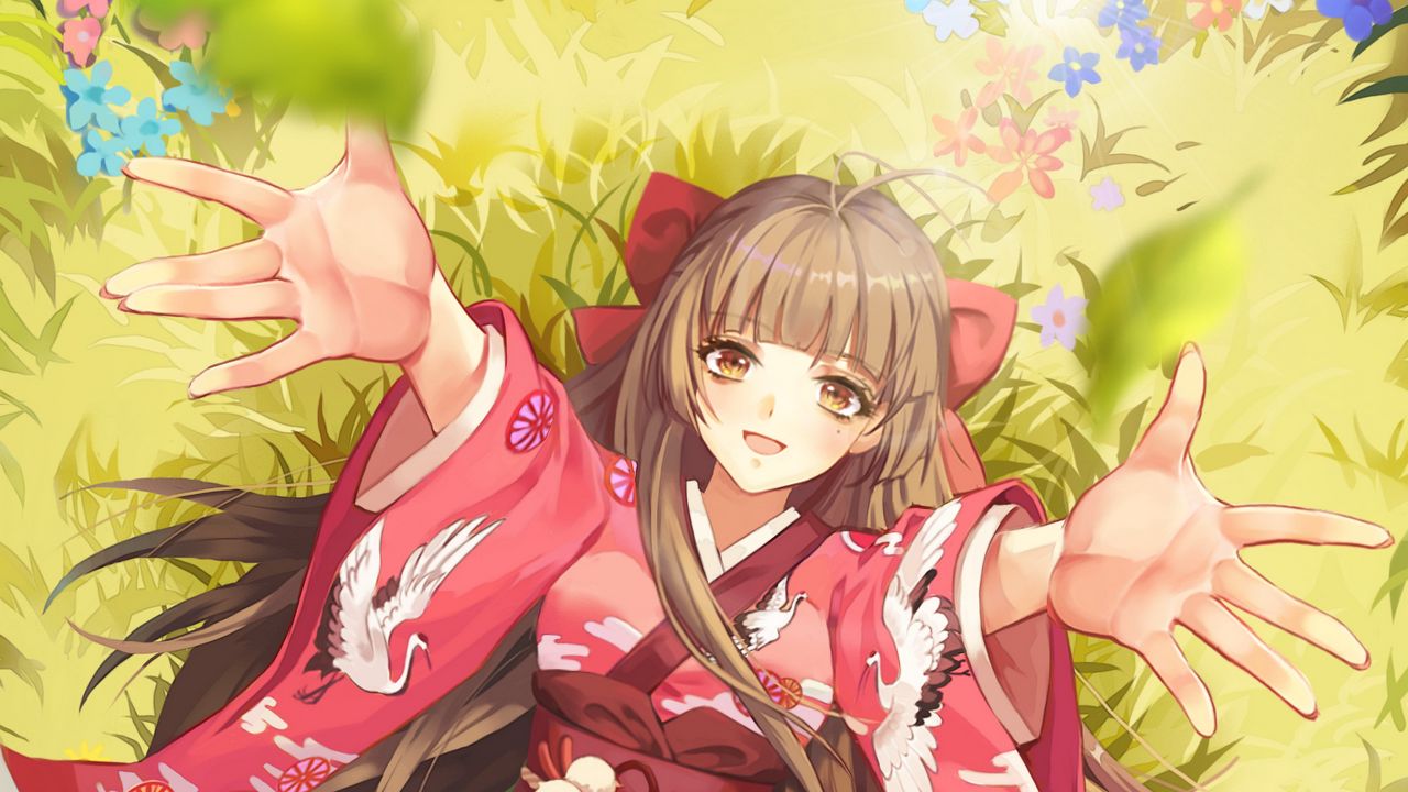Wallpaper girl, smile, kimono, field, flowers, anime