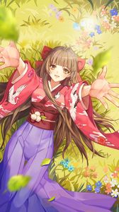 Preview wallpaper girl, smile, kimono, field, flowers, anime