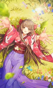 Preview wallpaper girl, smile, kimono, field, flowers, anime