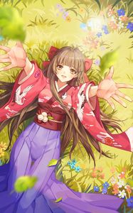 Preview wallpaper girl, smile, kimono, field, flowers, anime