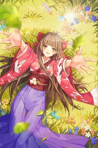 Preview wallpaper girl, smile, kimono, field, flowers, anime