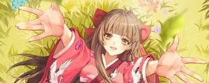 Preview wallpaper girl, smile, kimono, field, flowers, anime